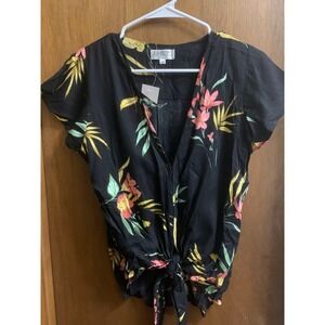 XIX PALMS Honolulu Hawaii Womens Black Floral Tie Front Short Sleeve Top Size M